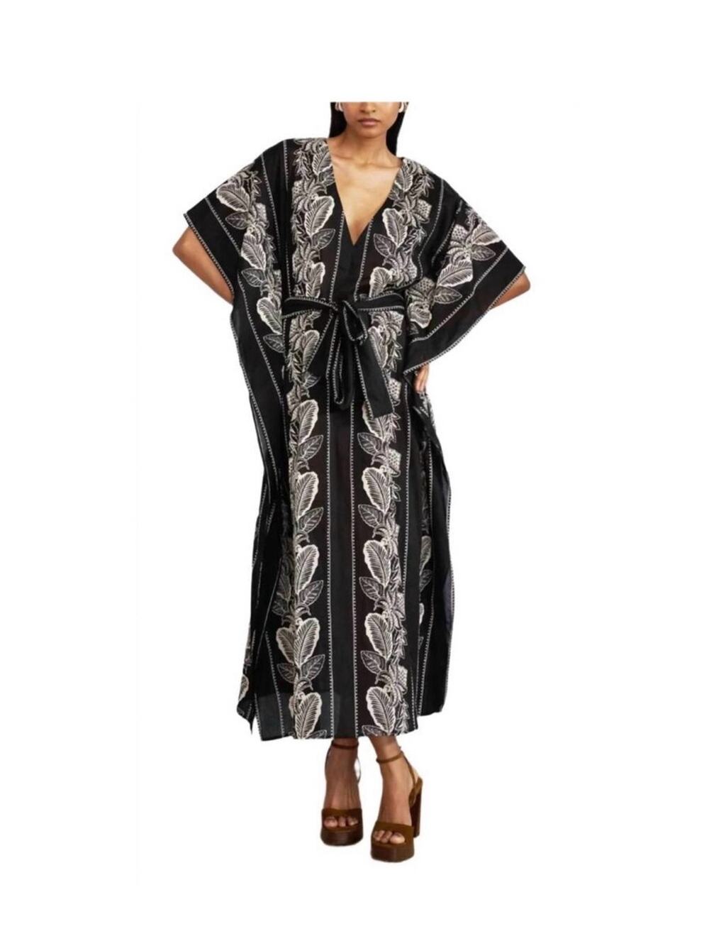 Banjanan Jayden leaf print V-neck one size tie waist kaftan muumuu maxi dress